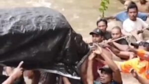 Warga Halmahera Utara Gotong Jenazah Seberangi Sungai Arus Deras Akibat Jembatan Ambruk